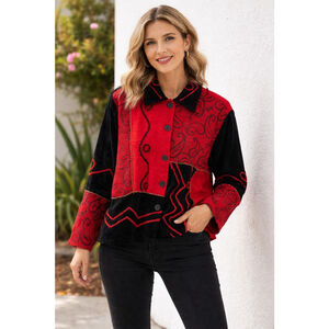 Vintage Keren Hart Red & Black Patchwork Button-Up Jacket | Sz M | Holiday State